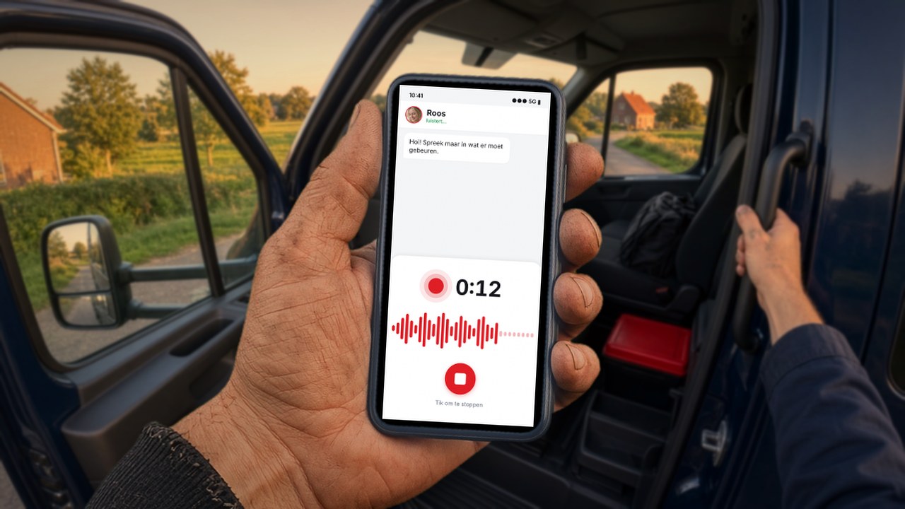 Installateur stapt in zijn bus en spreekt een offerteverzoek in voor Roos