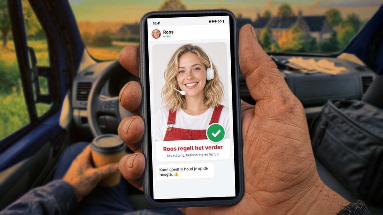 Installateur zit in de bus met koffie, Roos regelt de rest
